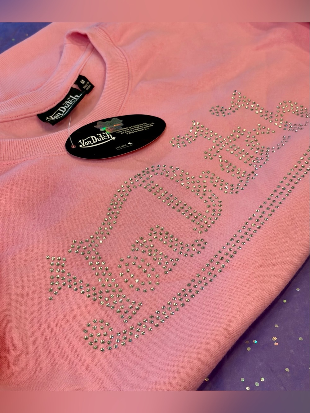NWT VON DUTCH Women's Pink Rhinestone Logo Sweatshirt & 3 Von Dutch Socks - Picture 6 of 12